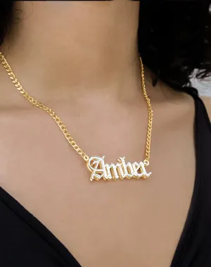 Double Plated Gothic Name Necklace with Cuban Chain