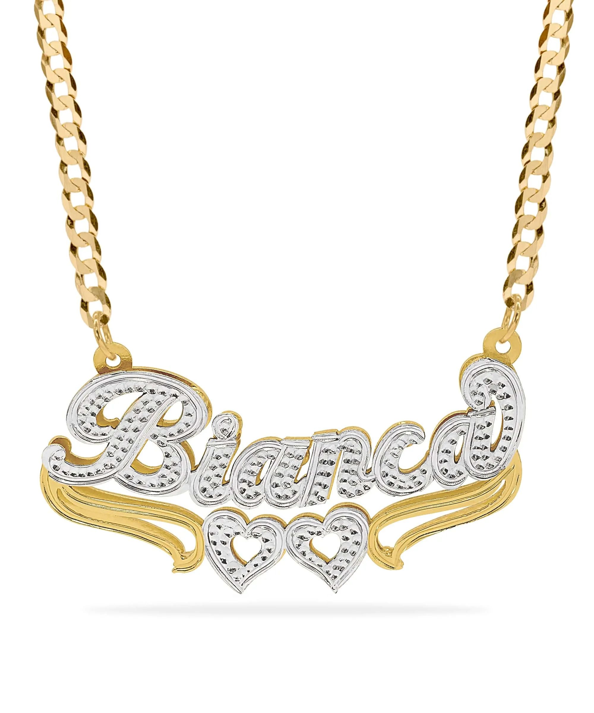 Double Plated Heart Name Necklace with Cuban Chain
