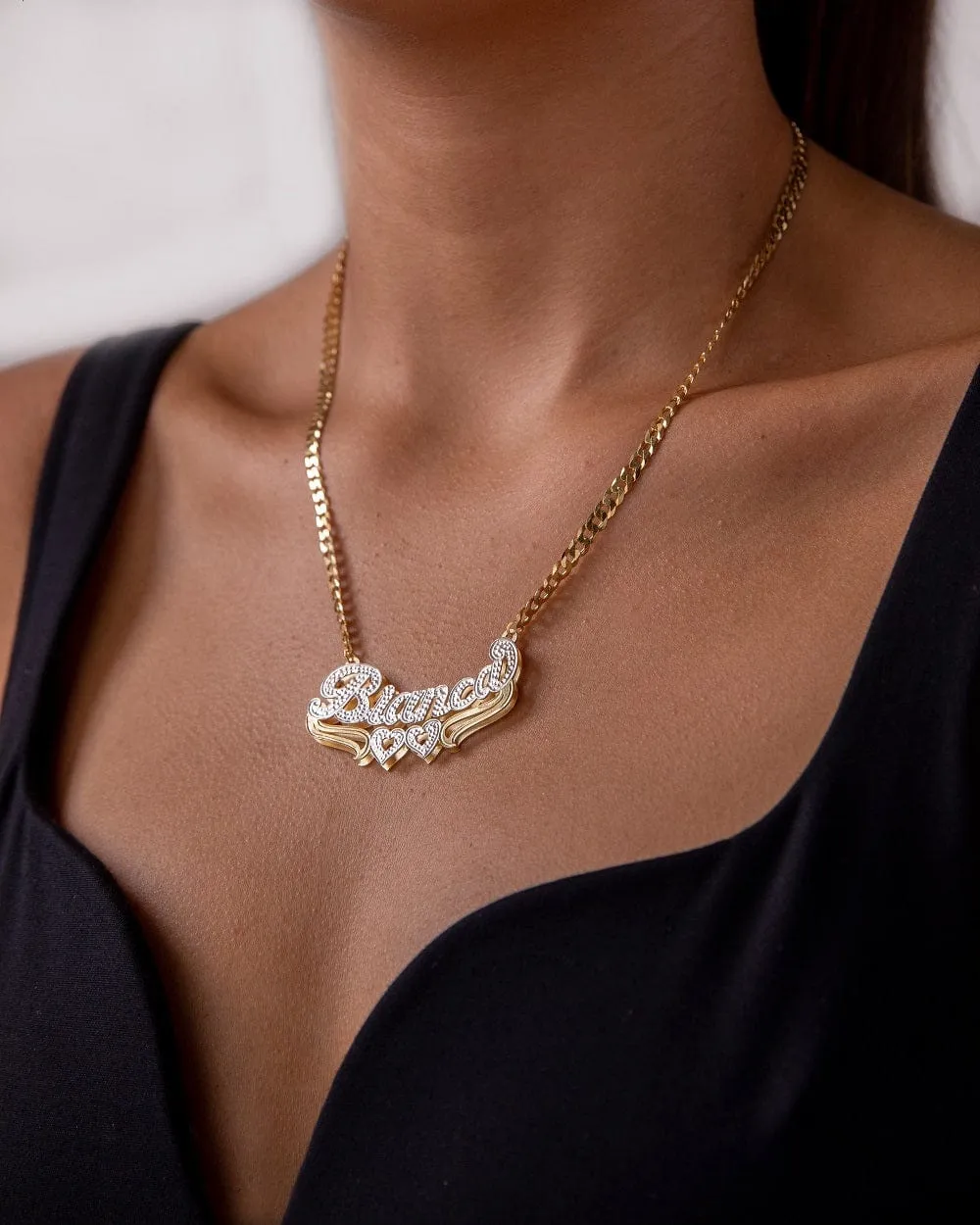 Double Plated Heart Name Necklace with Cuban Chain