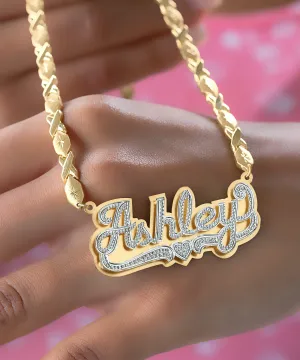 Double Plated Script Name Necklace with Hugs and Kisses Chain