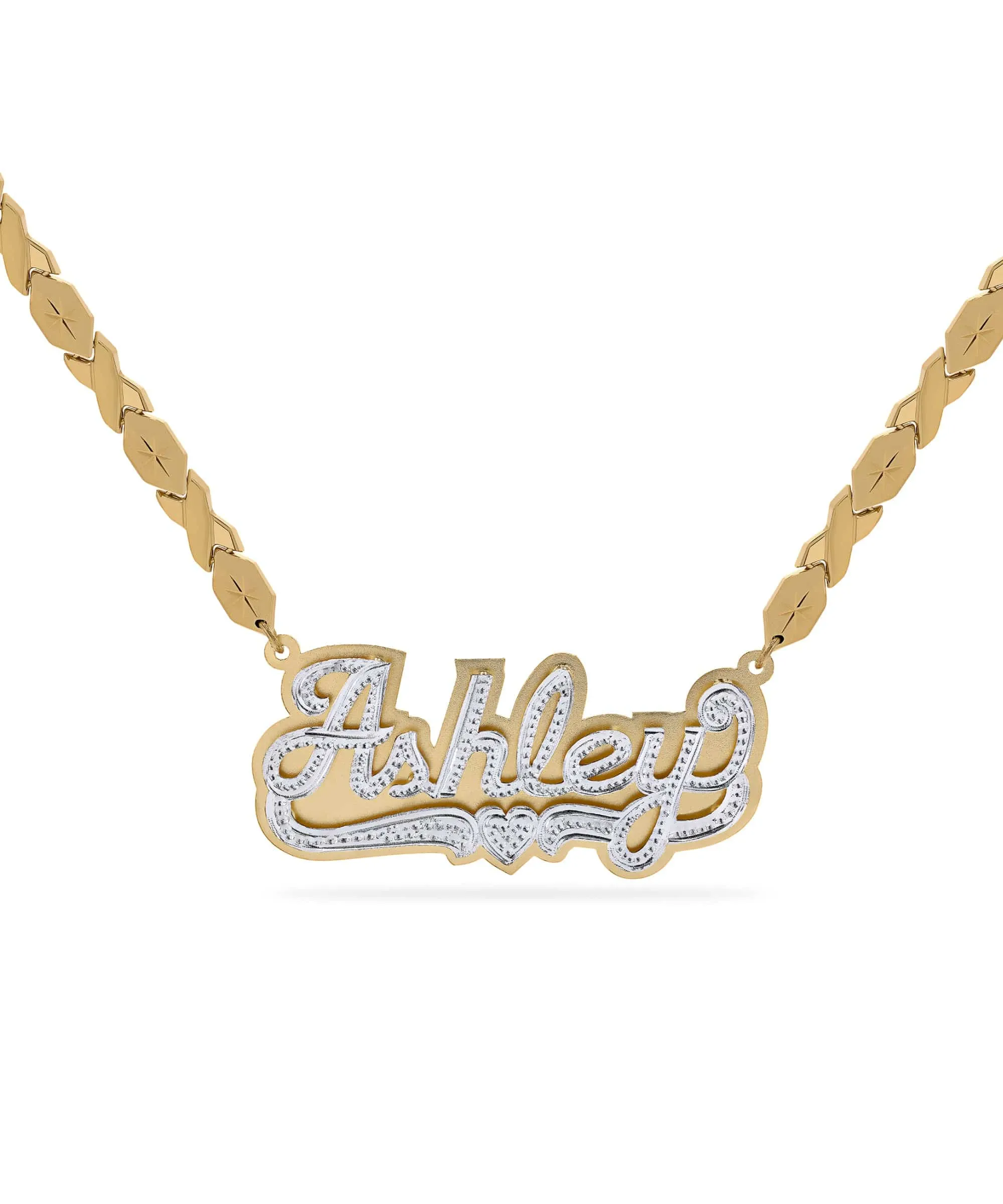 Double Plated Script Name Necklace with Hugs and Kisses Chain