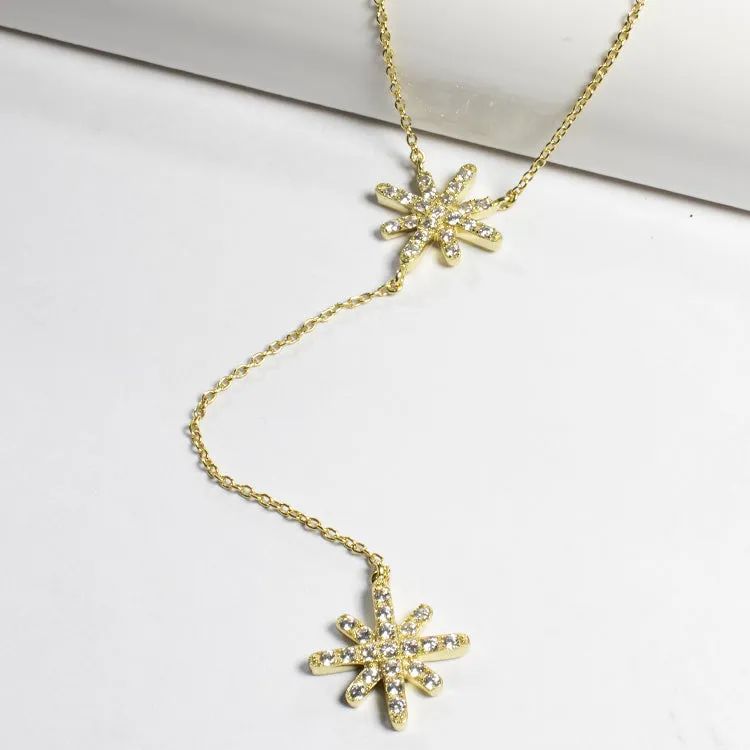 Double Starburst CZ Lariat Necklace - Gold