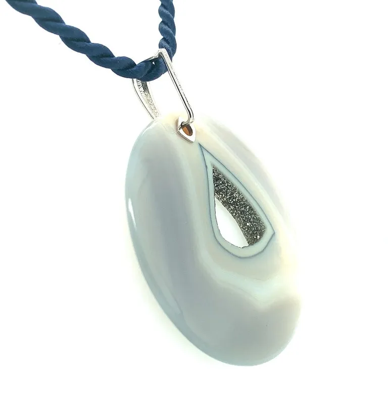Druzy Quartz Agate with Rhodium Pendant, 14K White Gold 