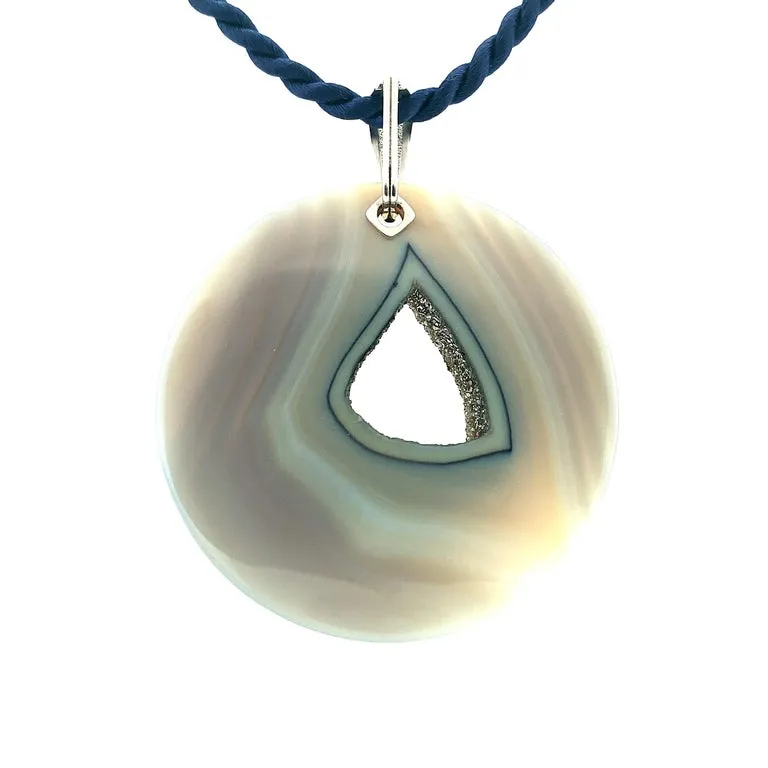 Druzy Quartz Agate with Rhodium Pendant, 14K White Gold 
