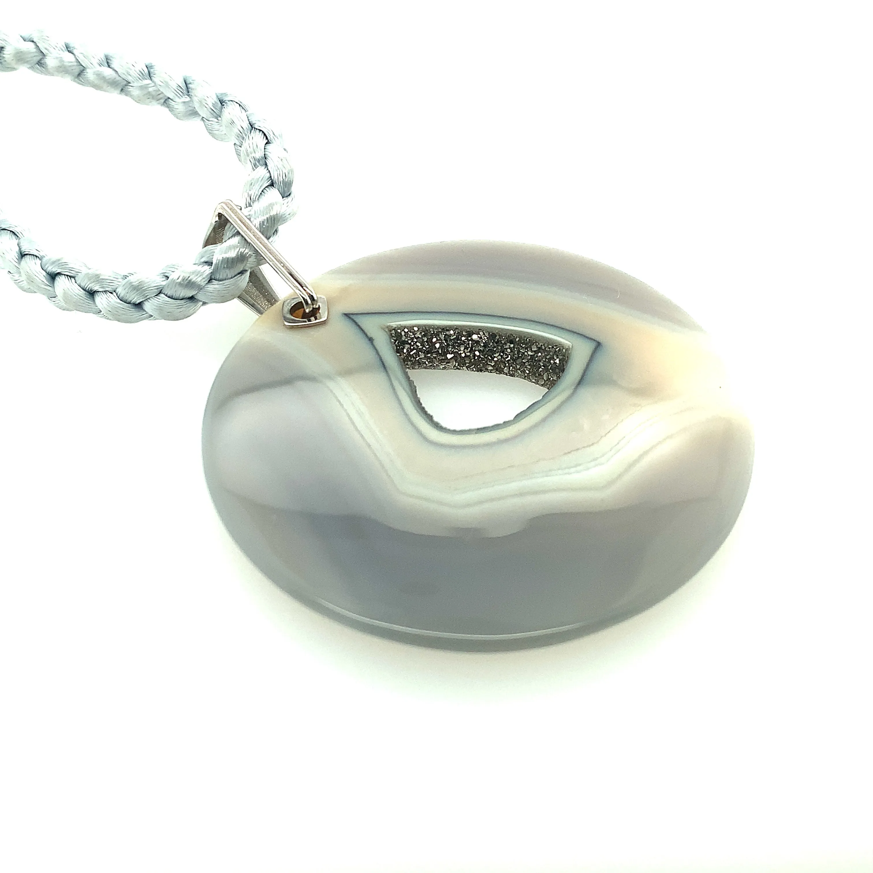 Druzy Quartz Agate with Rhodium Pendant, 14K White Gold 