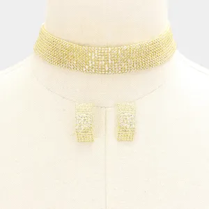 Elegant Clear Crystal on Gold Rhinestone Choker & Earrings on Gold | 361028