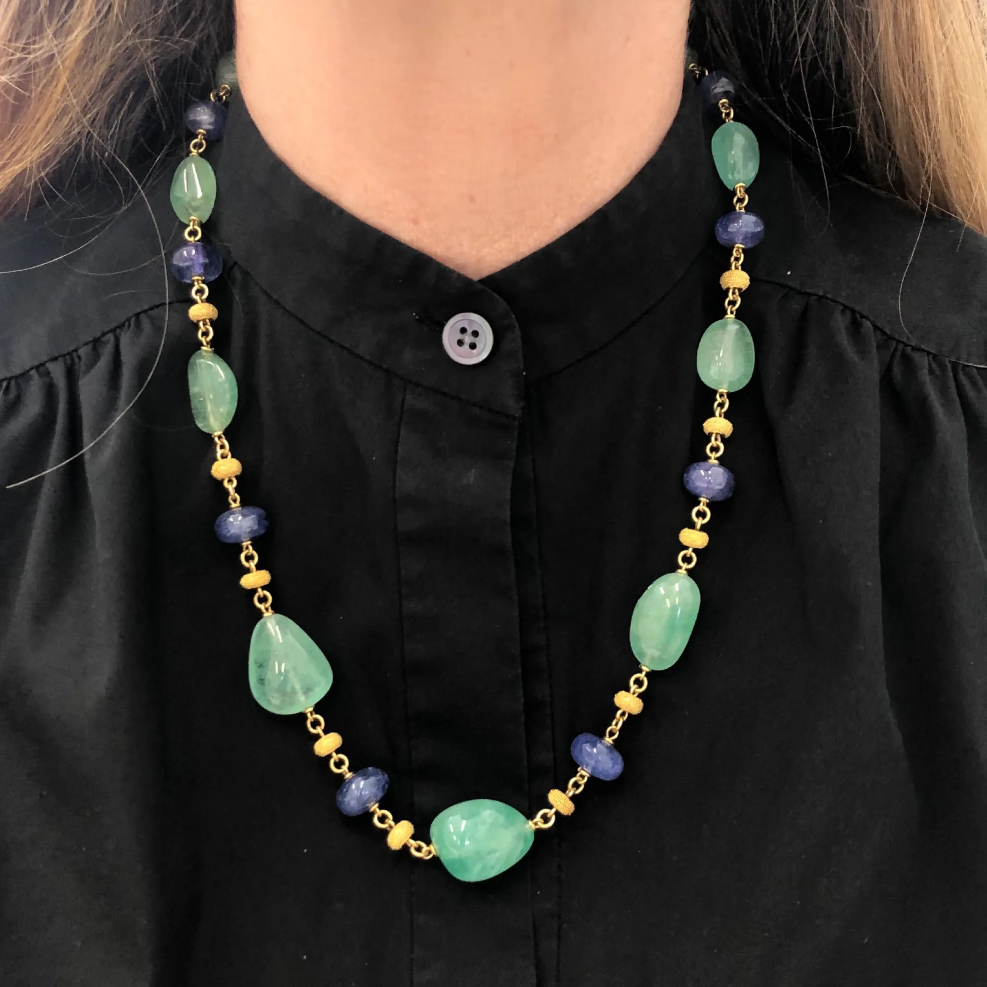 Emerald and Tanzanite Bead Necklace by Rosaria Varra in 18 Karat