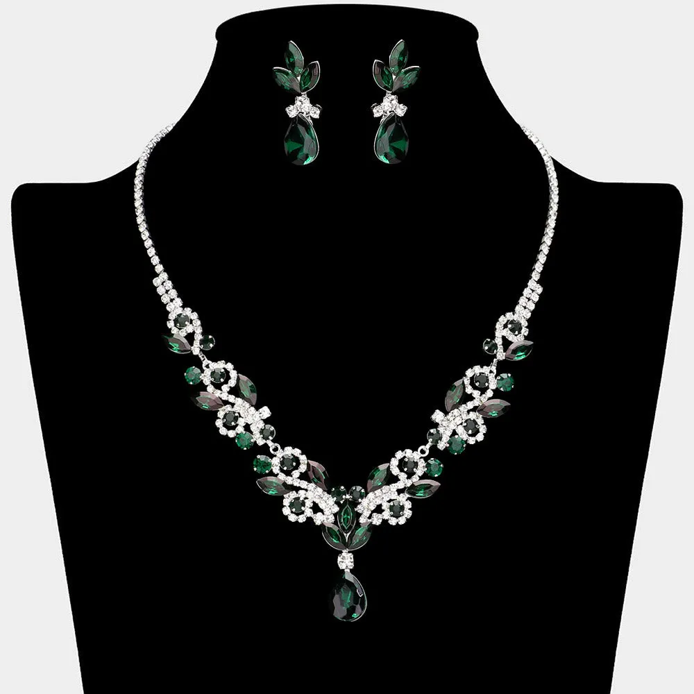 Emerald Crystal Stones Surrounded by Rhinestones Earrings and Necklace Set| Prom Jewelry |  646183