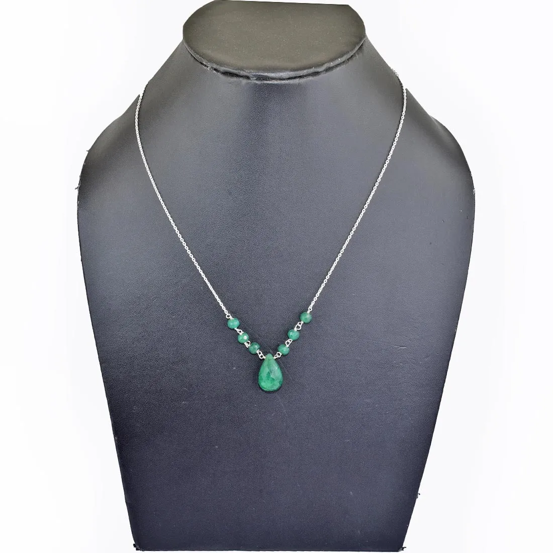 Emerald Gemstone Chain Necklace With Emerald Drop In 925 Silver