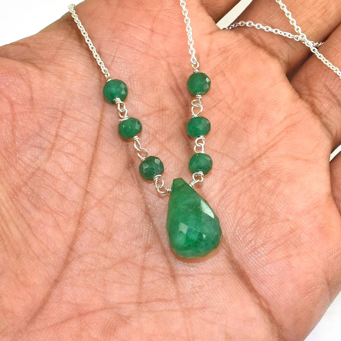 Emerald Gemstone Chain Necklace With Emerald Drop In 925 Silver