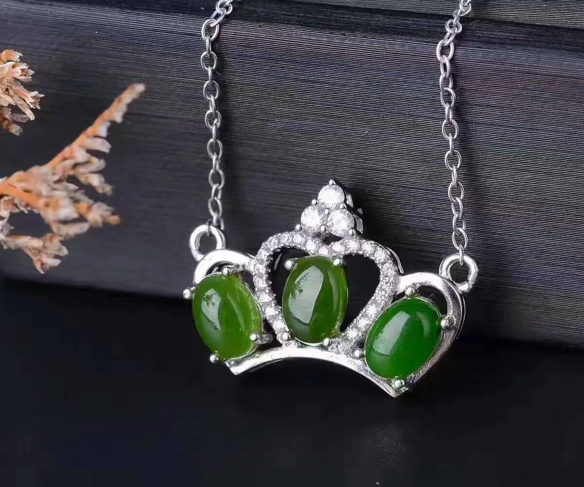 Emerald Jade Necklace - Sterling Silver Crown Pendant, Super High Quality Hetian Jade Jewelry, Green Stone Necklace, Fine Jade Choker