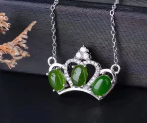 Emerald Jade Necklace - Sterling Silver Crown Pendant, Super High Quality Hetian Jade Jewelry, Green Stone Necklace, Fine Jade Choker