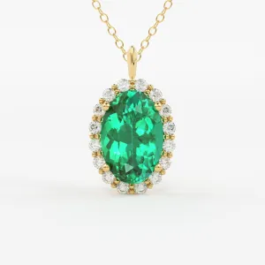 Emerald Necklace / 14k Classic Oval Cut Emerald with Surrounding Diamonds / Natural Emerald Necklace 14k Solid Gold / Diamond Halo Necklace