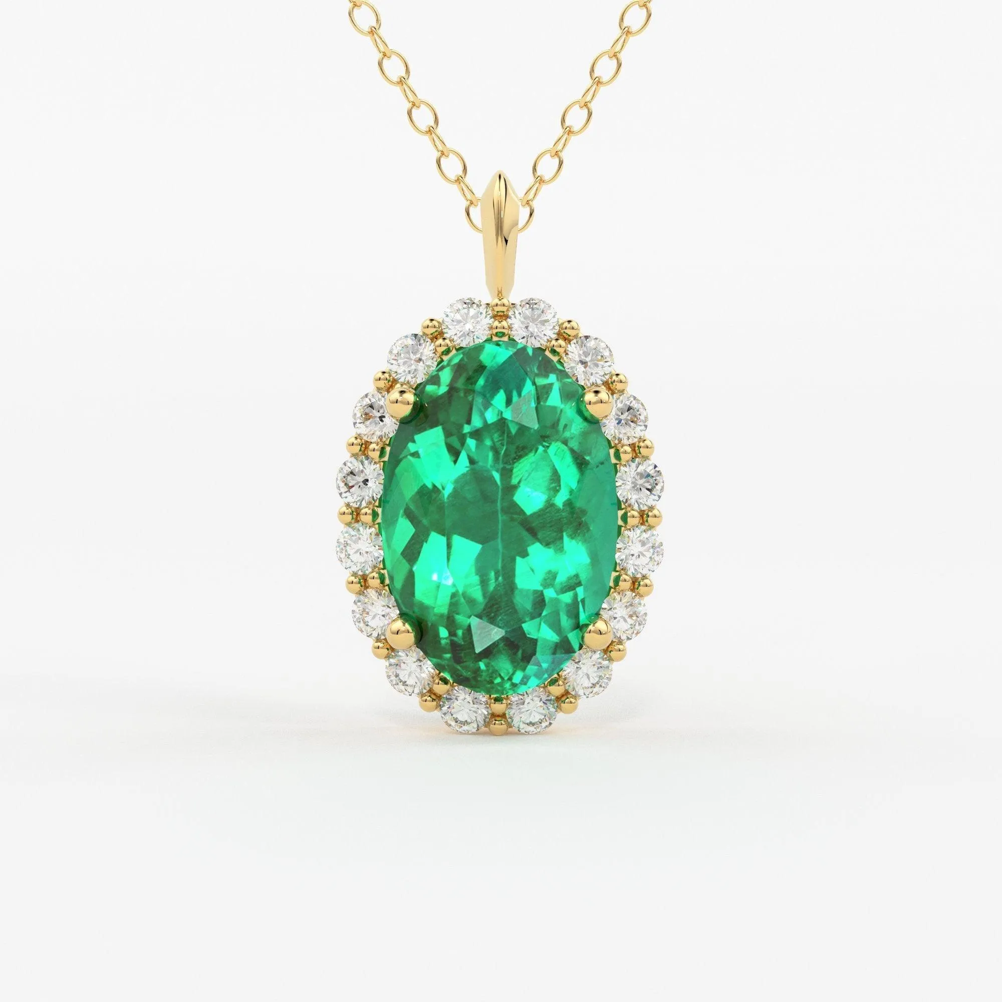 Emerald Necklace / 14k Classic Oval Cut Emerald with Surrounding Diamonds / Natural Emerald Necklace 14k Solid Gold / Diamond Halo Necklace