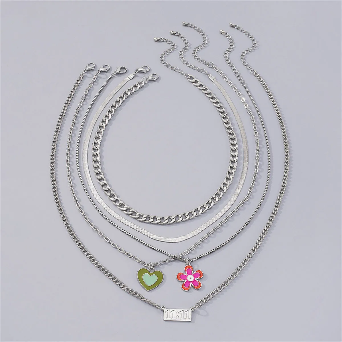 Enamel & Silver-Plated Heart Flower Pendant Chain Necklace Set