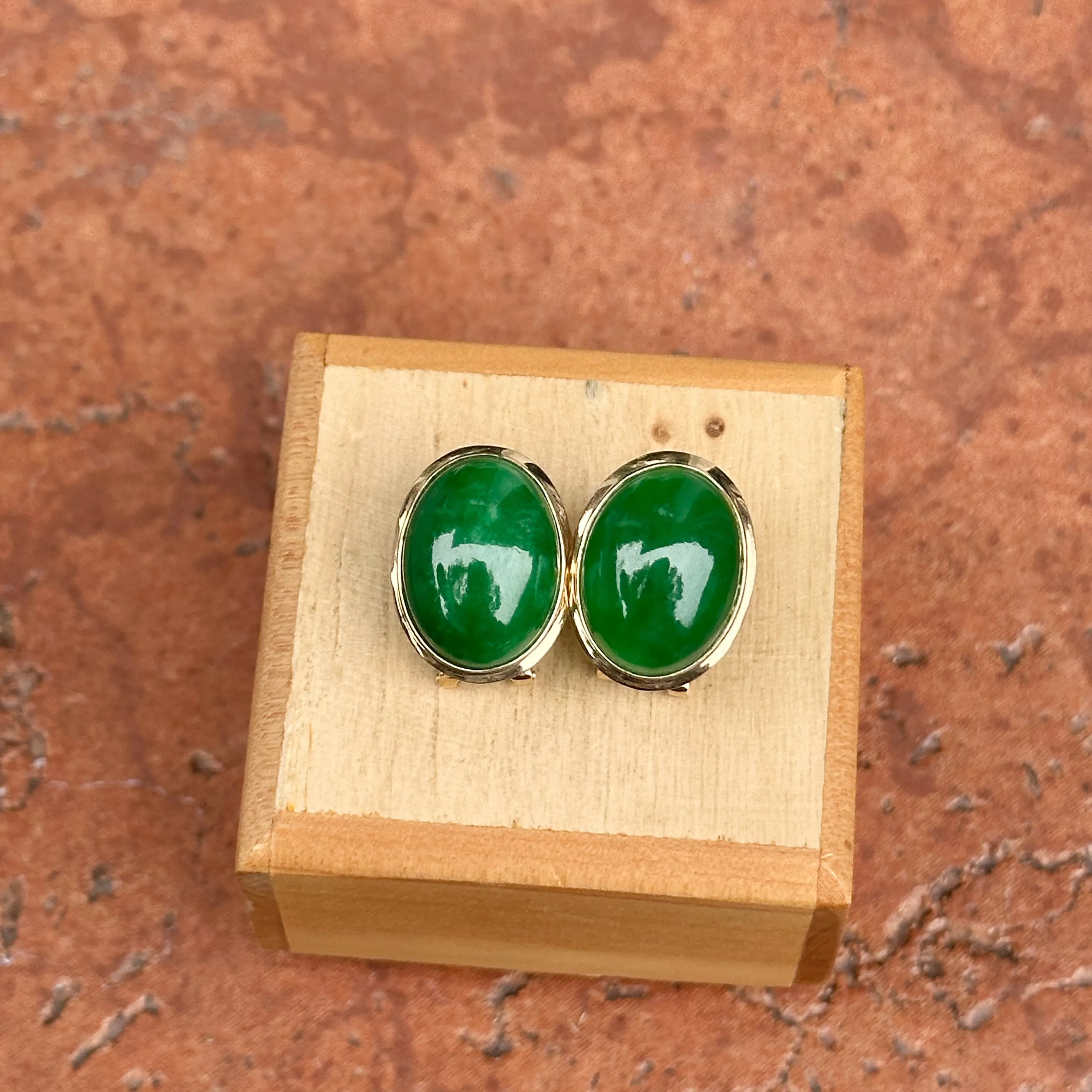 Estate 14KT Yellow Gold Oval Bezel Jade Omega Back Earrings