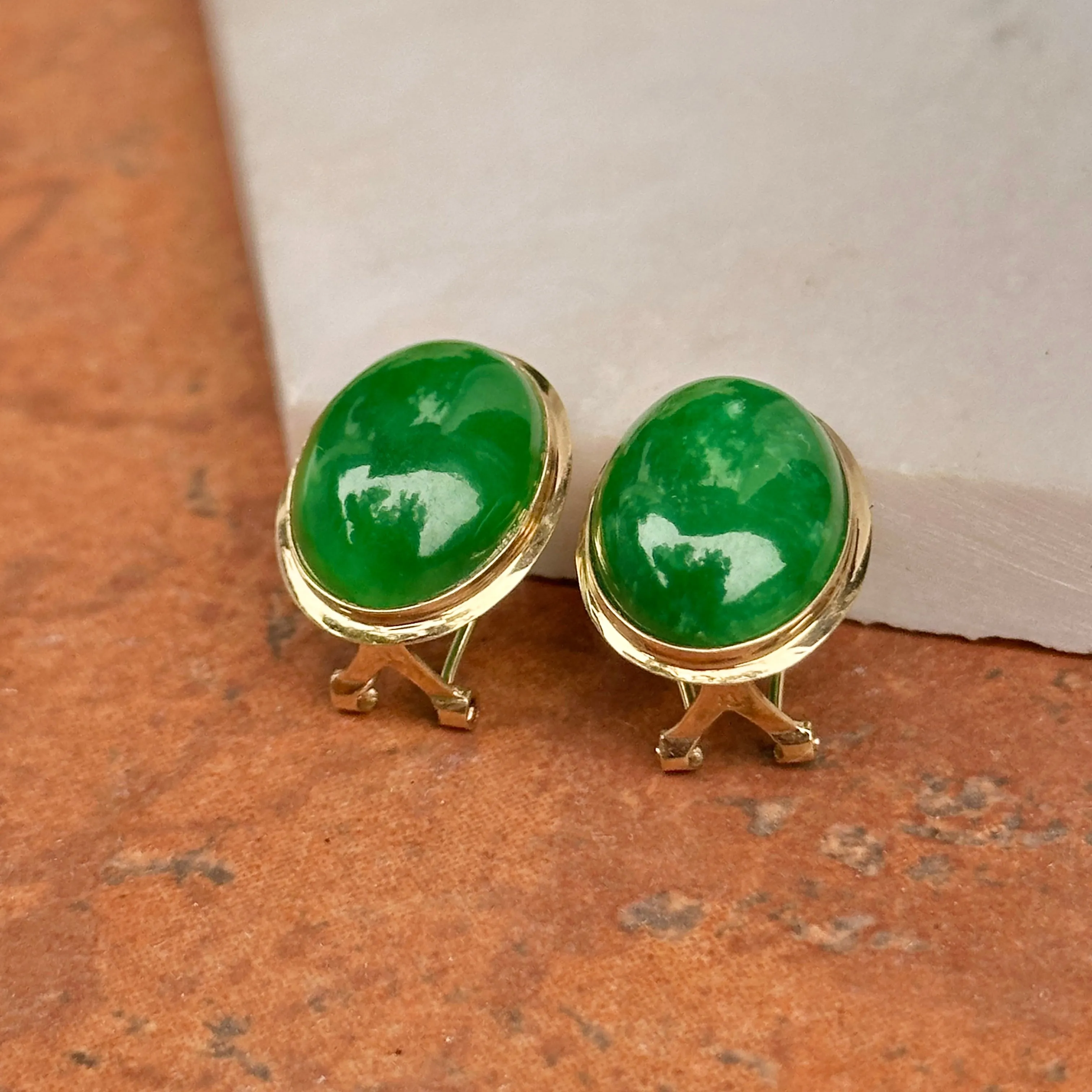 Estate 14KT Yellow Gold Oval Bezel Jade Omega Back Earrings
