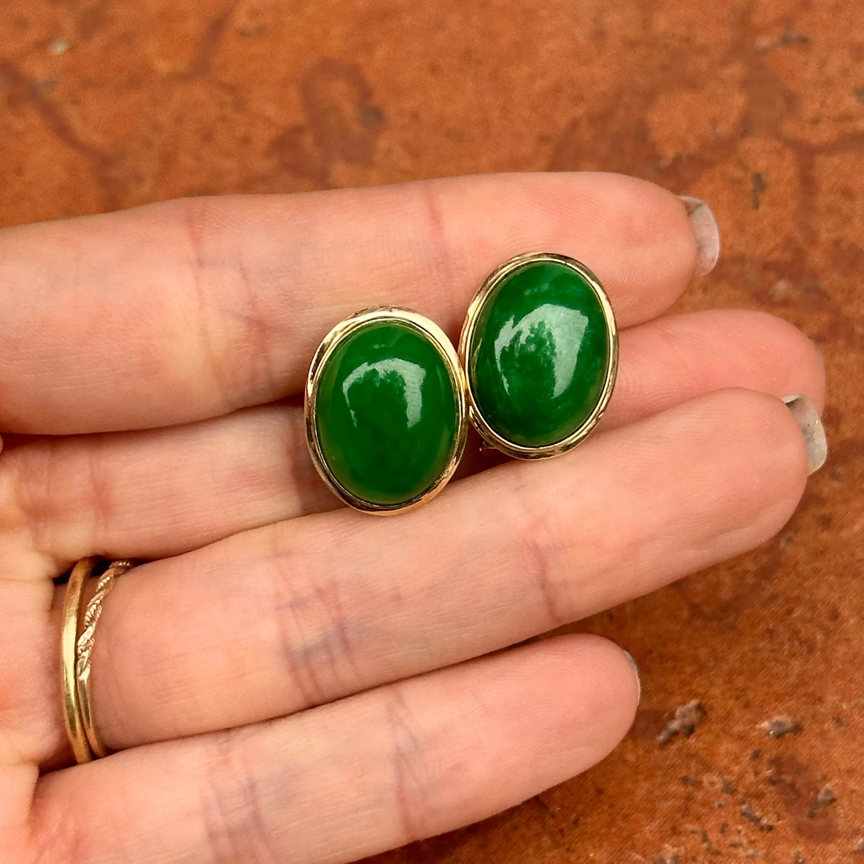 Estate 14KT Yellow Gold Oval Bezel Jade Omega Back Earrings