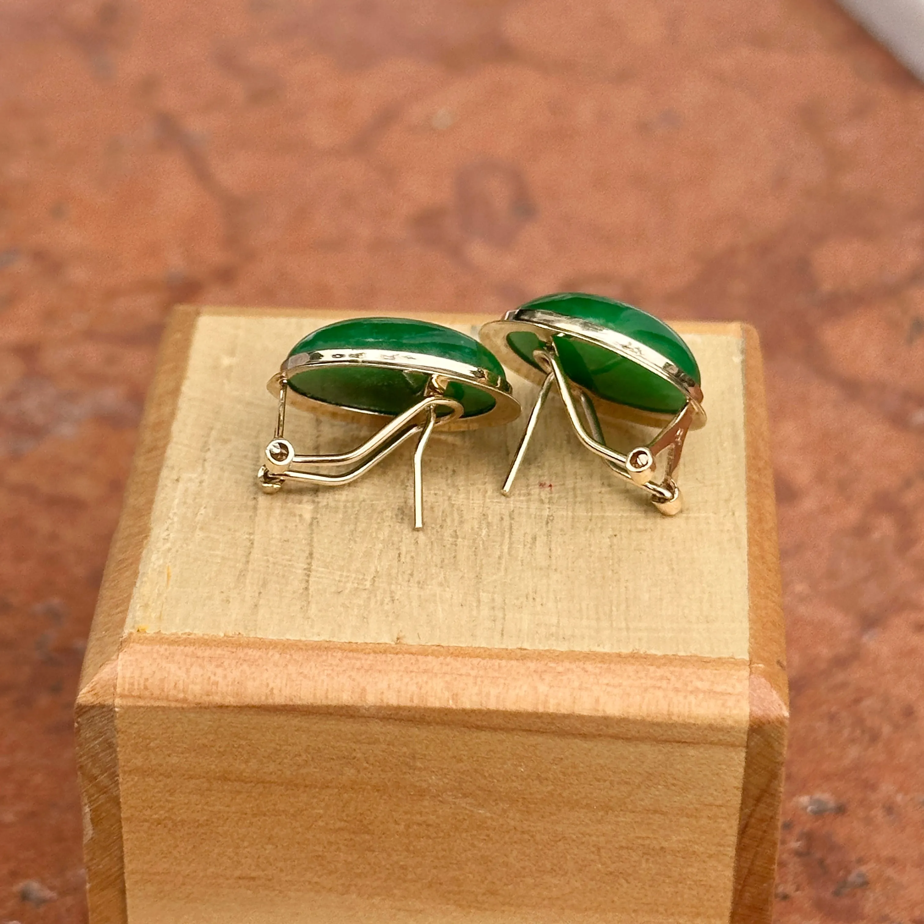 Estate 14KT Yellow Gold Oval Bezel Jade Omega Back Earrings