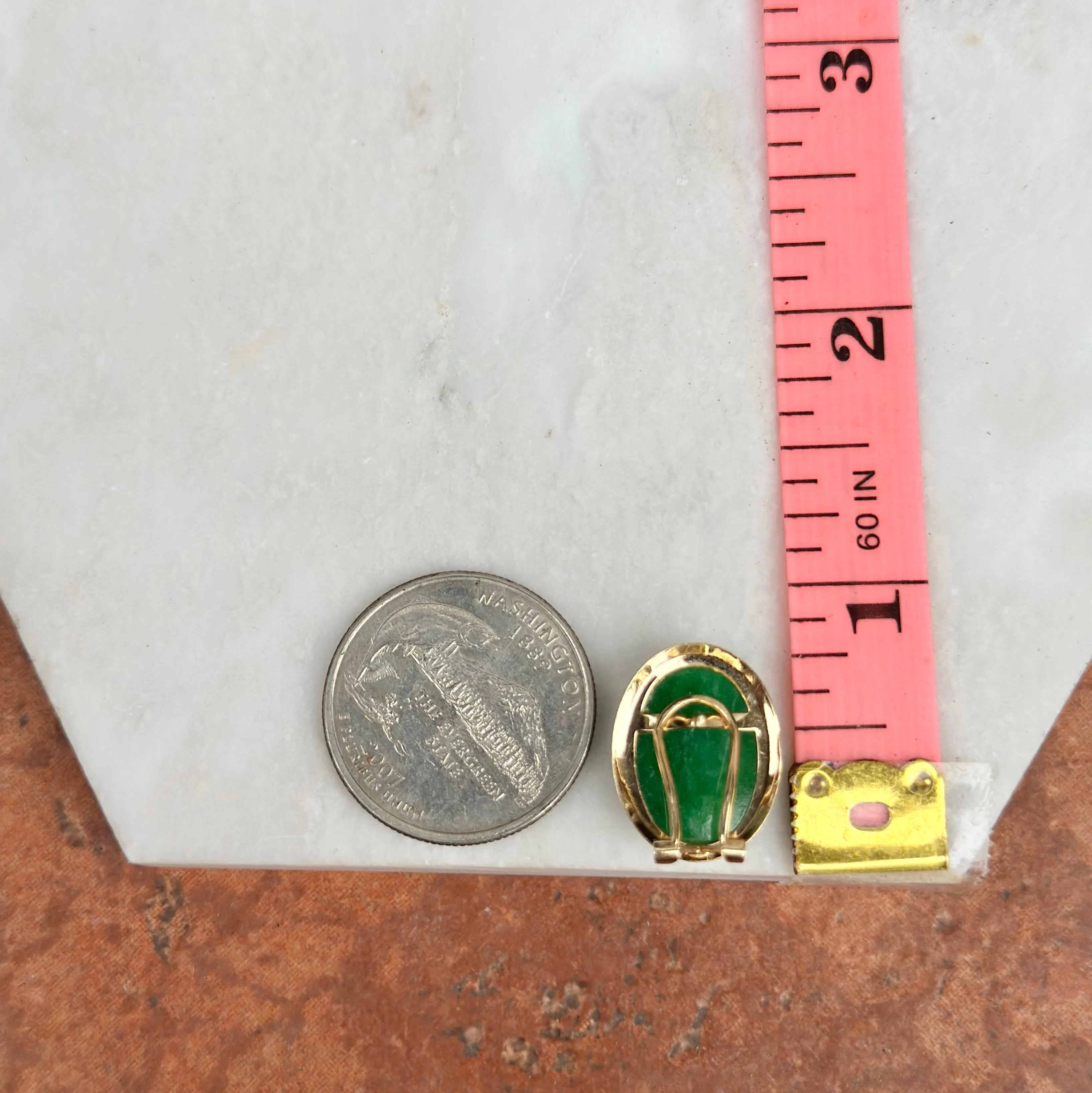 Estate 14KT Yellow Gold Oval Bezel Jade Omega Back Earrings