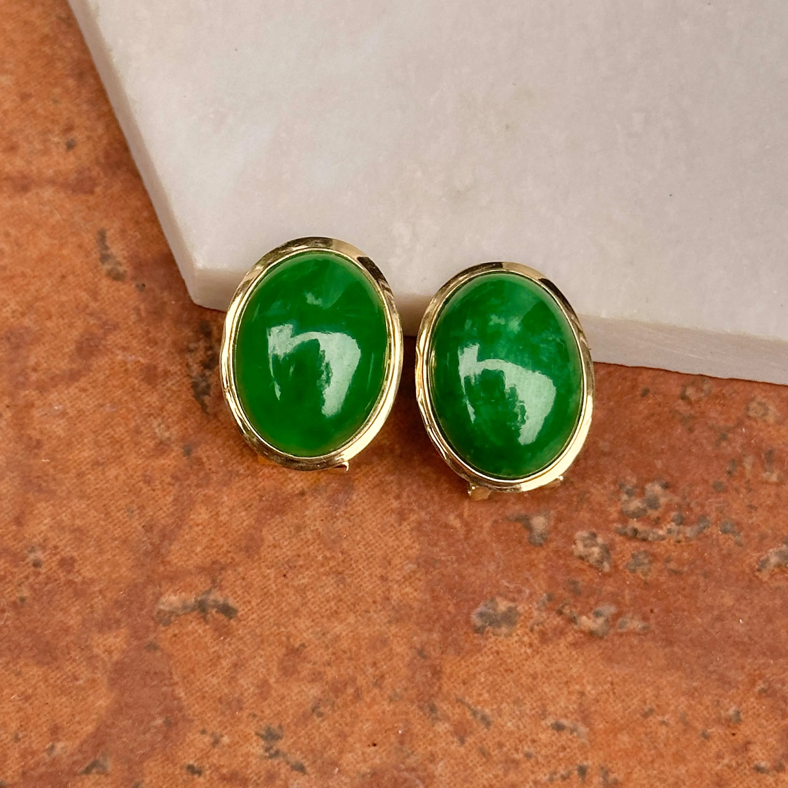 Estate 14KT Yellow Gold Oval Bezel Jade Omega Back Earrings