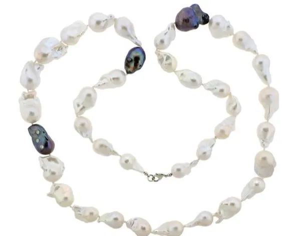 Fabulous 14K White Silver Gold Baroque Pearl Diamond Designer Long Wrap Around Necklace