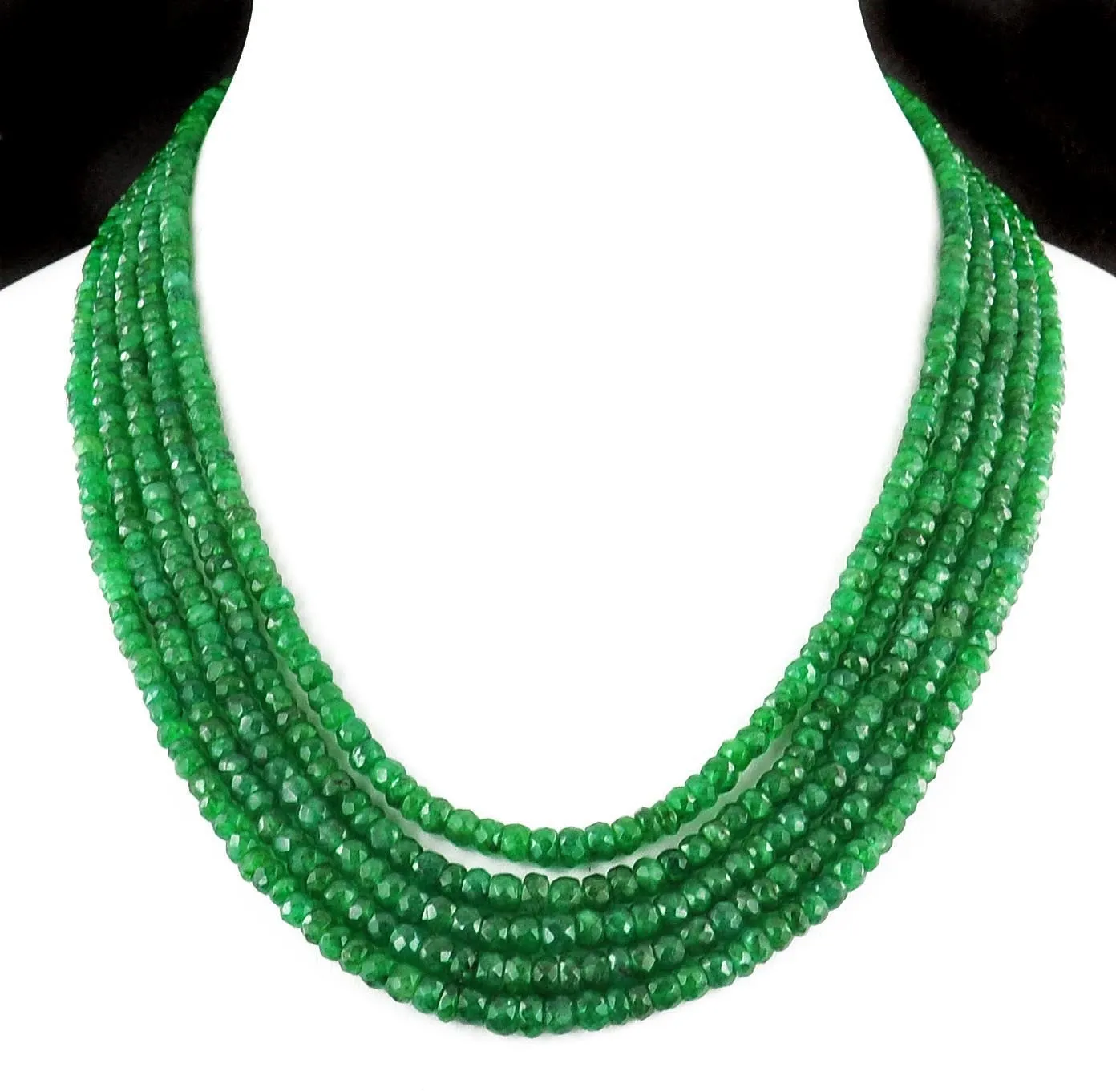 Five Strand Green Emerald Gemstone Beads Necklace, 100% Certified