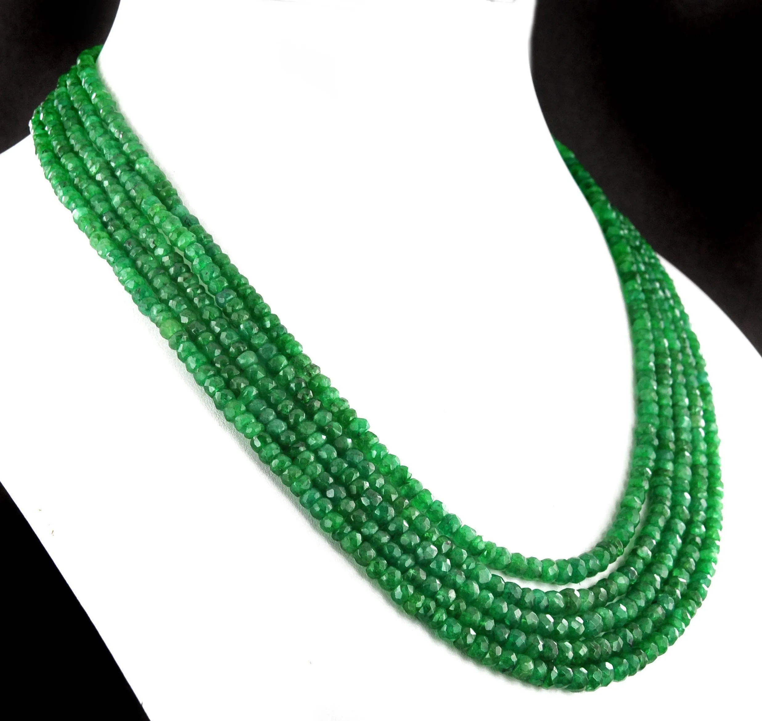 Five Strand Green Emerald Gemstone Beads Necklace, 100% Certified