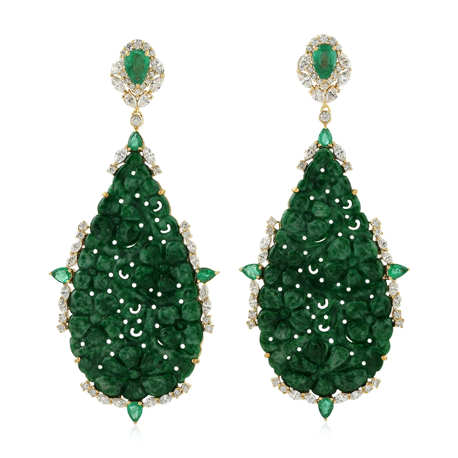 Floral Carved Jade Pear Emerald Marquise Diamond Beautiful Dangler In 18k Yellow Gold