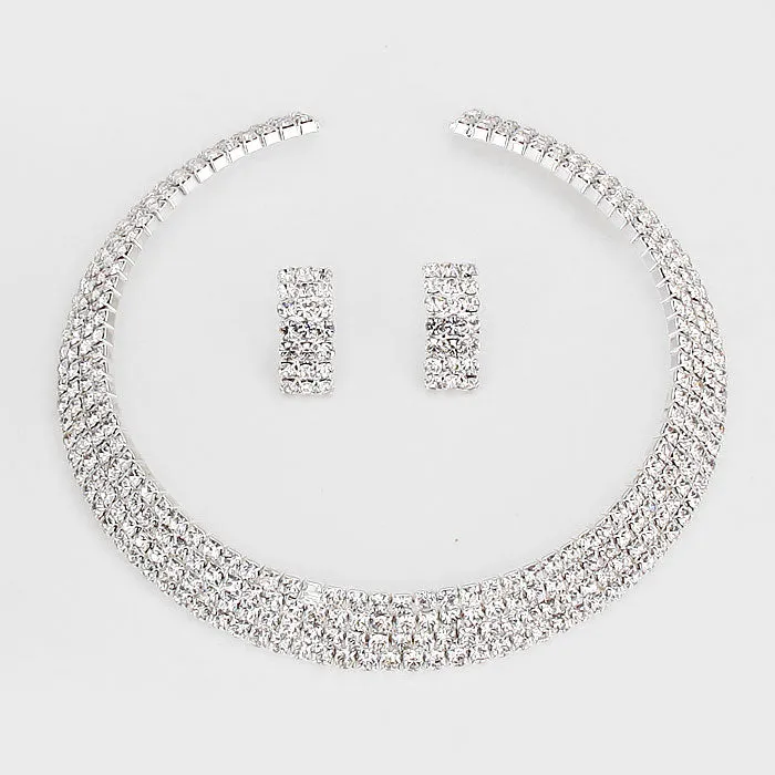 Four Row Crystal Rhinestone Choker and Earrings | 96080