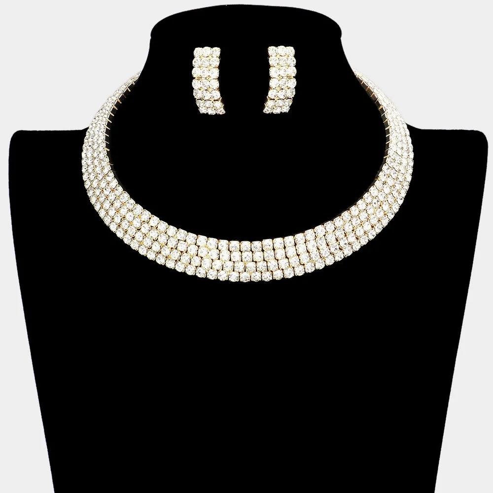 Four Row Crystal Rhinestone Choker and Earrings on Gold | 96077