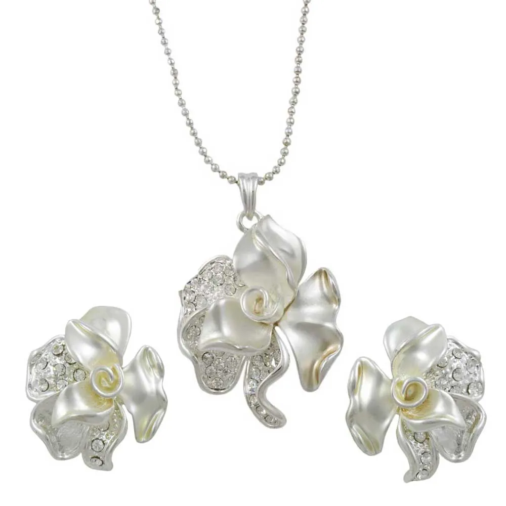 Frosted Crystal Rose Necklace and Clip Earring Gift Set - RSN619BSC