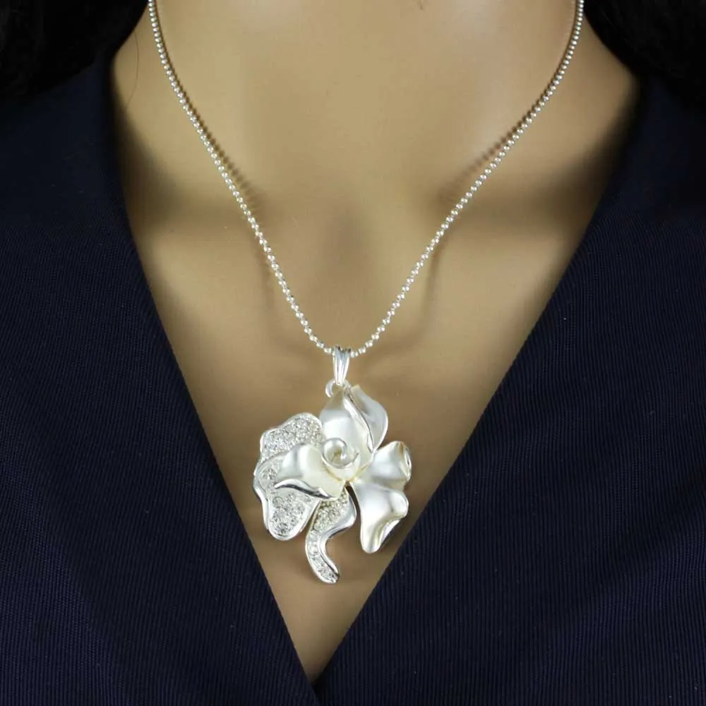 Frosted Crystal Rose Necklace and Clip Earring Gift Set - RSN619BSC