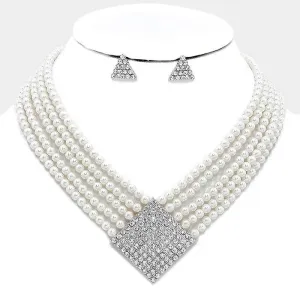 Geometric Crystal Multi-Strand White Pearl Necklace Set