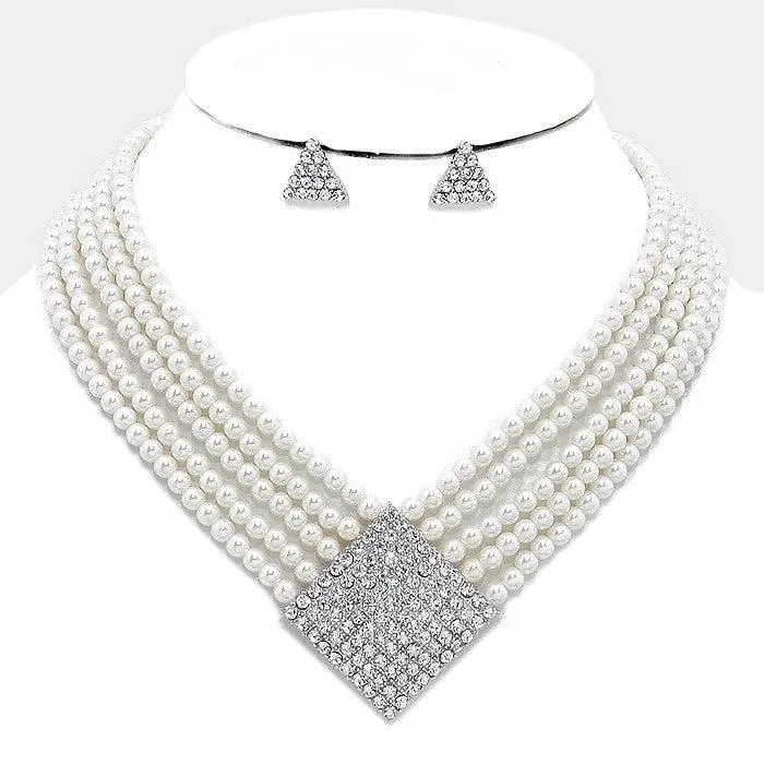 Geometric Crystal Multi-Strand White Pearl Necklace Set