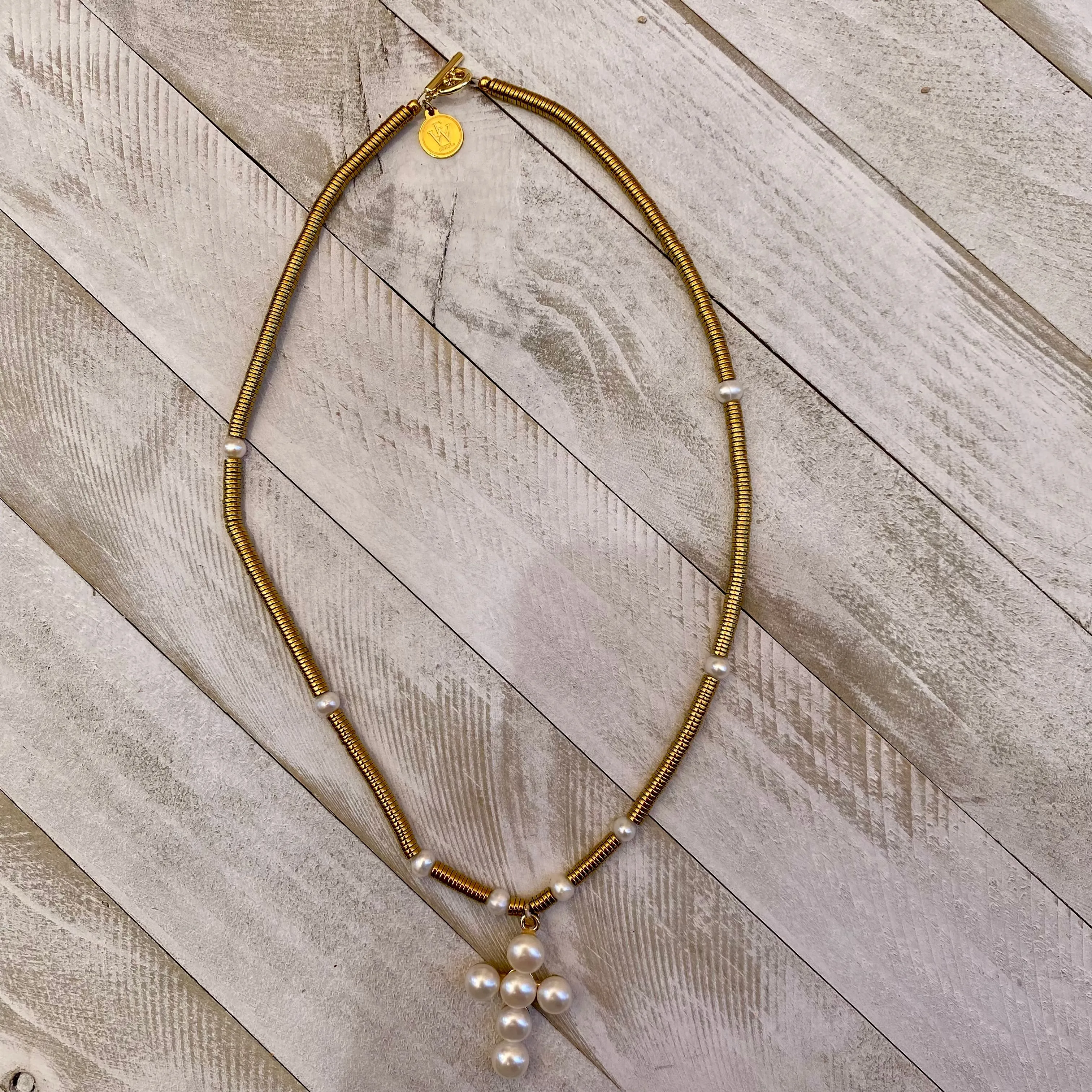 Gold Electroplated Hematite Discs and Fresh Water Pearls Necklace with a Cross as Pendant 350-08 | Erika Williner Designs