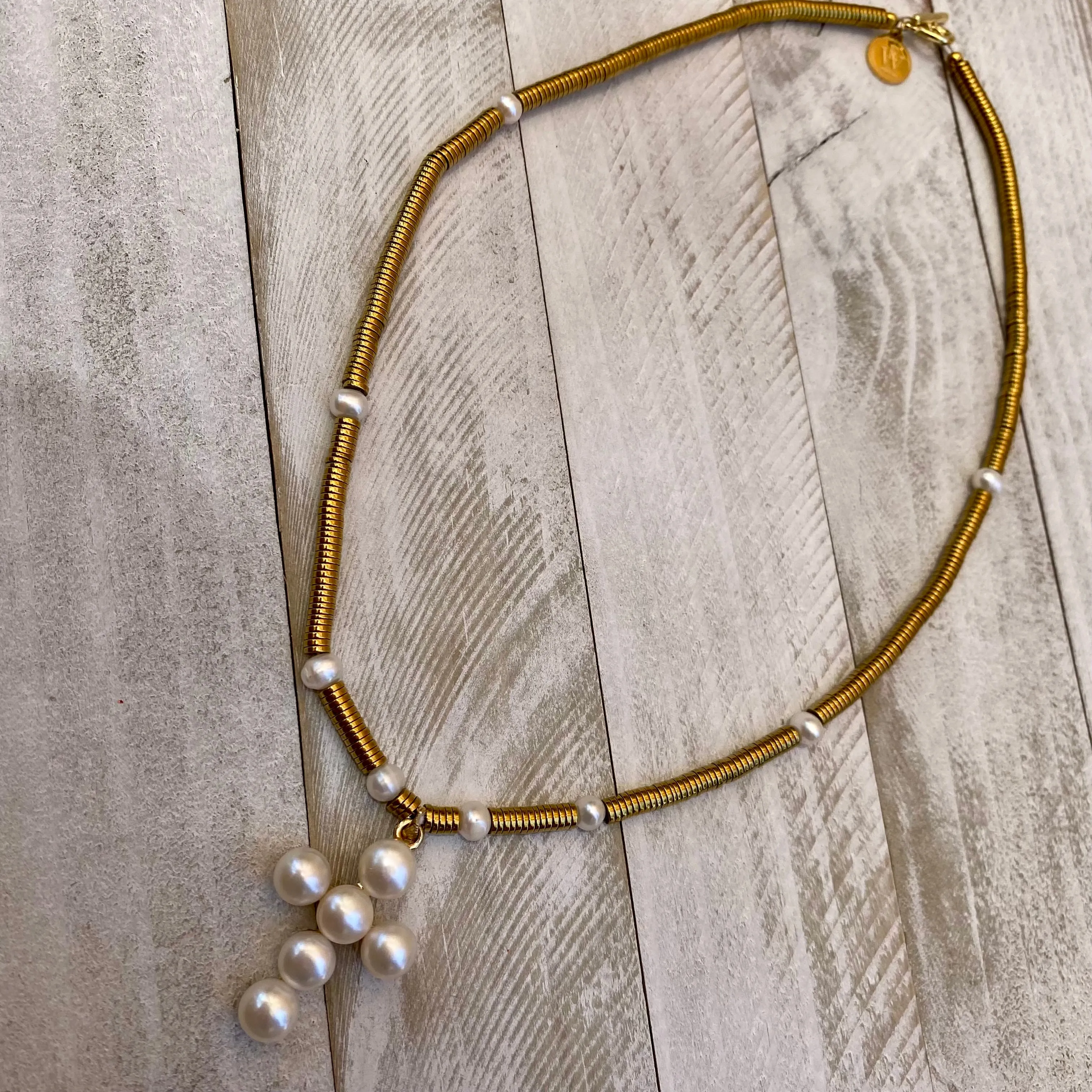 Gold Electroplated Hematite Discs and Fresh Water Pearls Necklace with a Cross as Pendant 350-08 | Erika Williner Designs