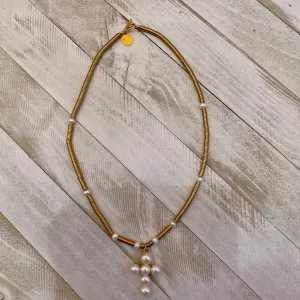 Gold Electroplated Hematite Discs and Fresh Water Pearls Necklace with a Cross as Pendant 350-08 | Erika Williner Designs