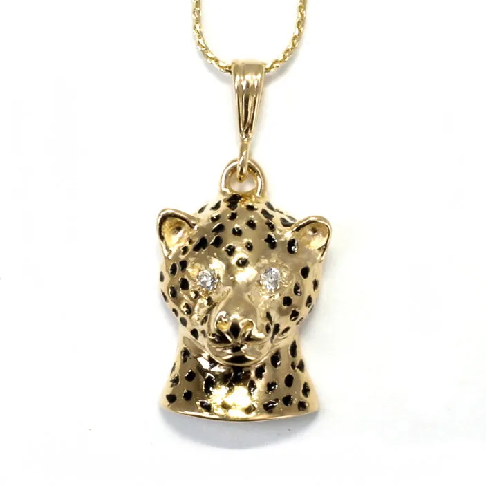 Gold Leopard Head Necklace with Diamond Eyes in Solid 14kt Gold