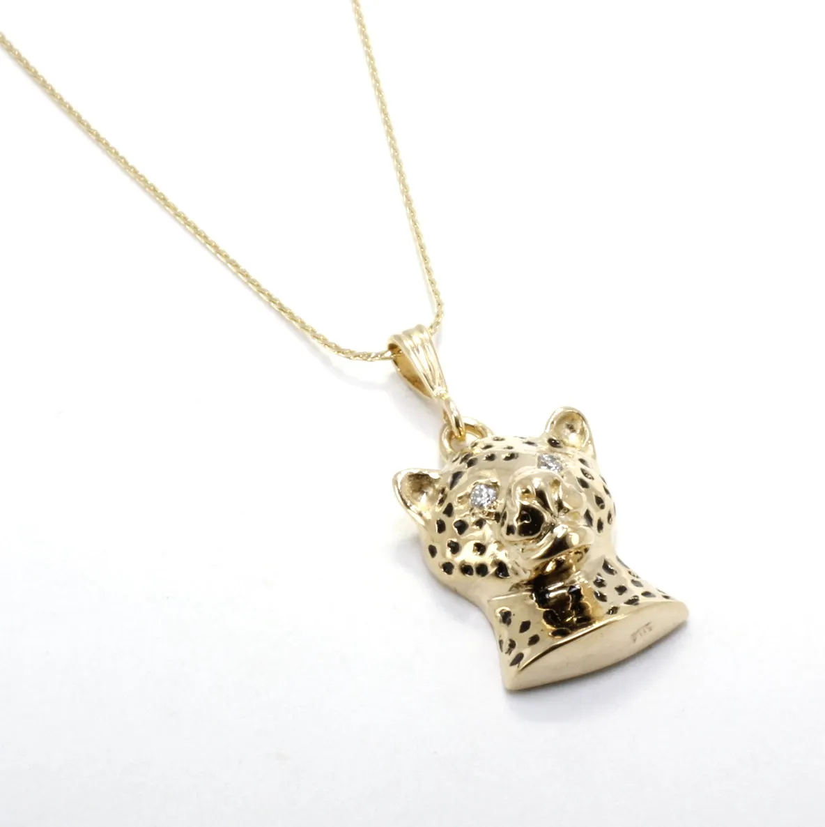 Gold Leopard Head Necklace with Diamond Eyes in Solid 14kt Gold