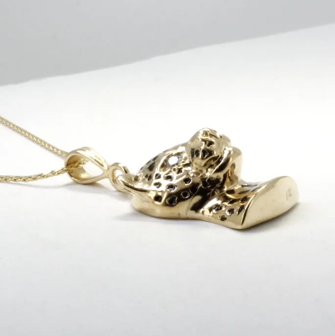 Gold Leopard Head Necklace with Diamond Eyes in Solid 14kt Gold