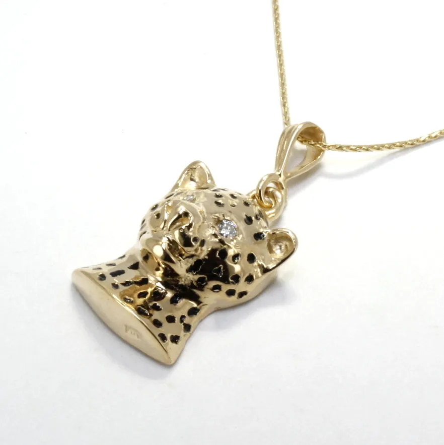 Gold Leopard Head Necklace with Diamond Eyes in Solid 14kt Gold