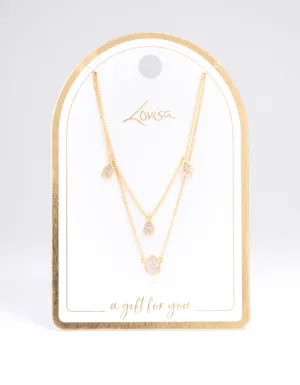 Gold Plated Brass Cubic Zirconia Teardrop Layered Necklace
