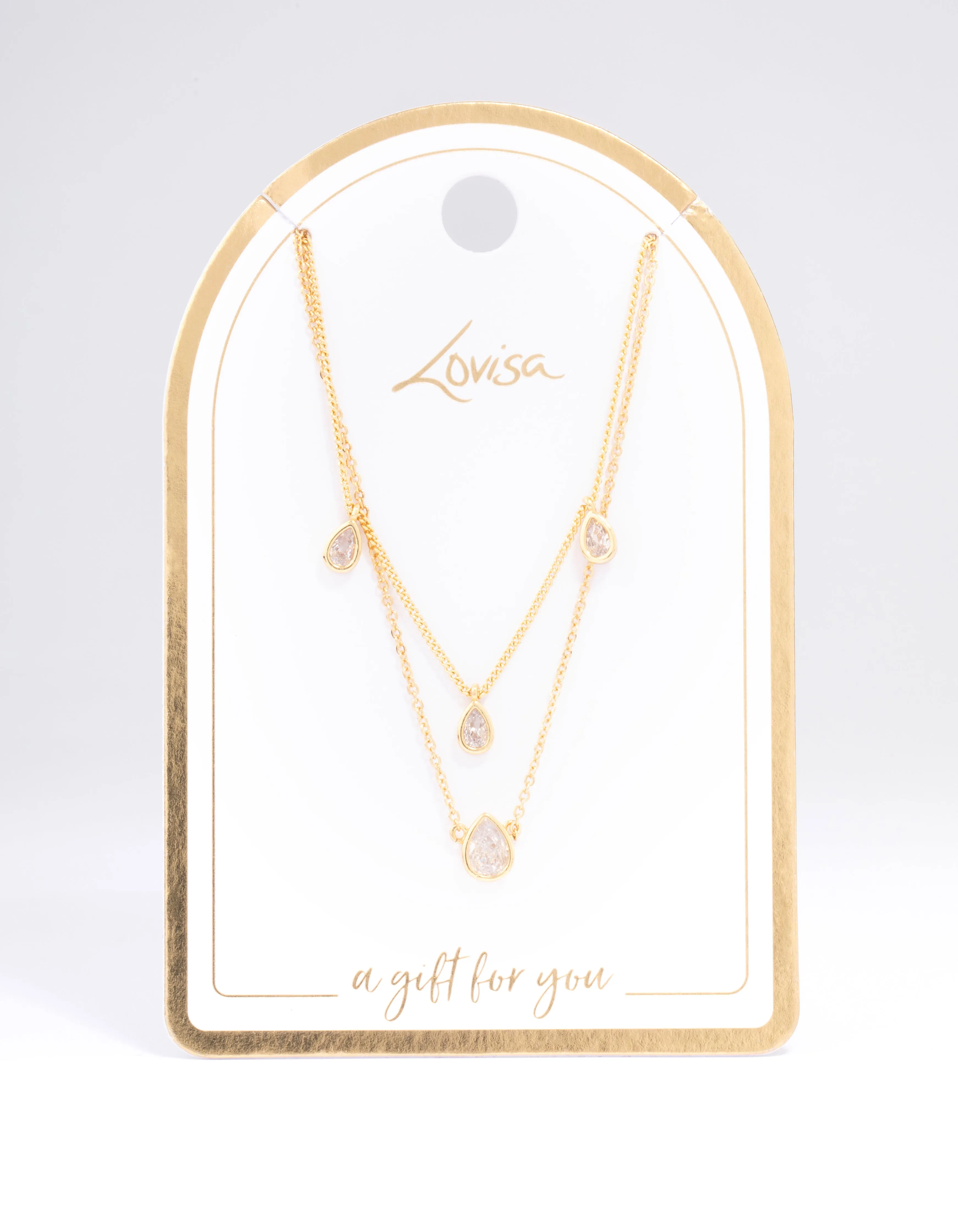 Gold Plated Brass Cubic Zirconia Teardrop Layered Necklace