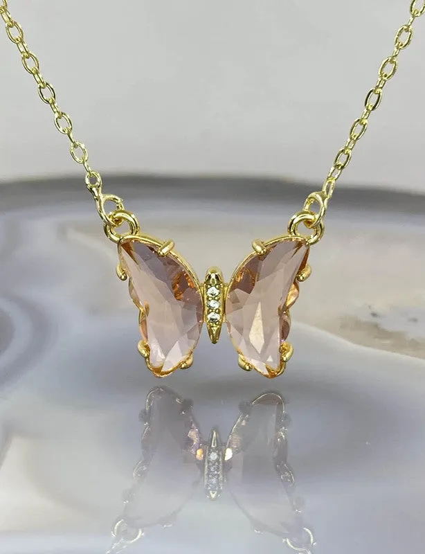 Gold Plated Pink Crystal Butterfly Pendant