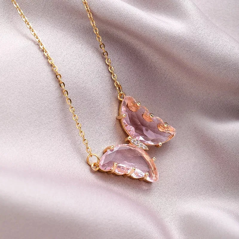 Gold Plated Pink Crystal Butterfly Pendant
