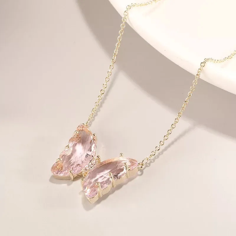 Gold Plated Pink Crystal Butterfly Pendant