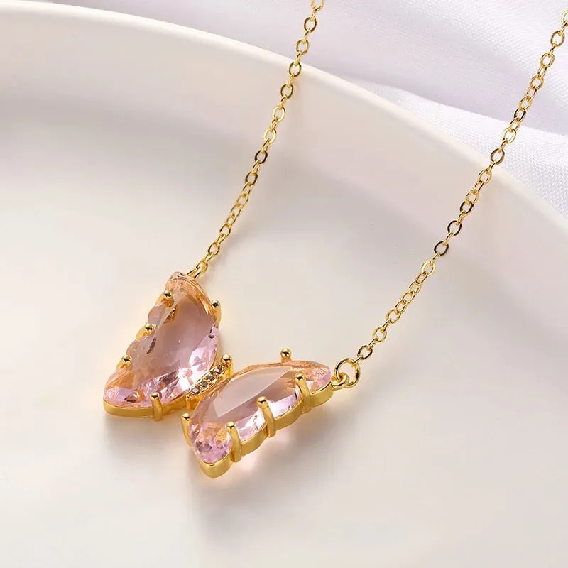 Gold Plated Pink Crystal Butterfly Pendant
