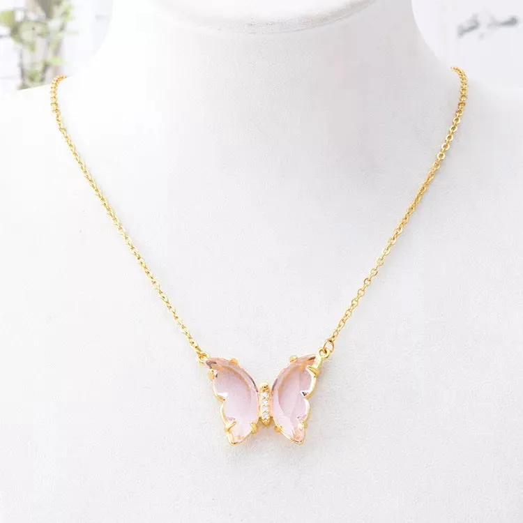 Gold Plated Pink Crystal Butterfly Pendant