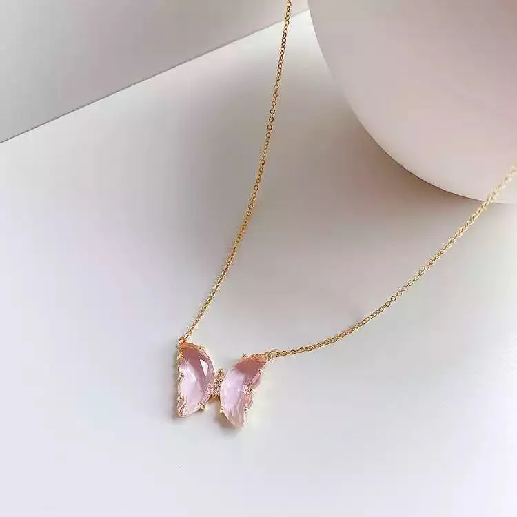 Gold Plated Pink Crystal Butterfly Pendant